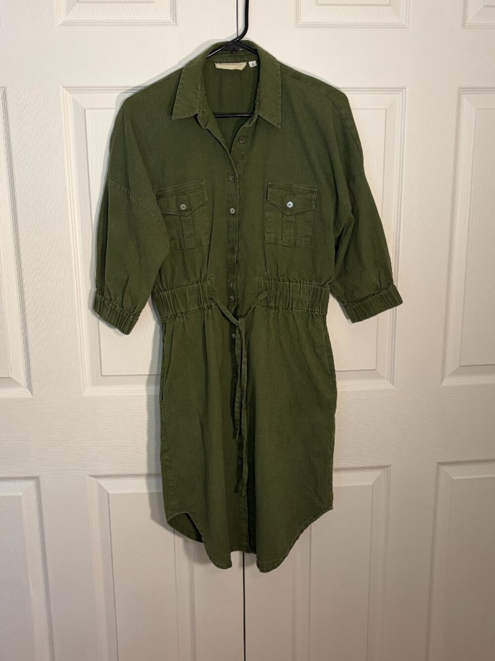 Goodness NZ Designer Olive Green Linen Utility Shirt Dress S